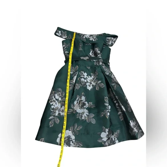 Eliza J Off the Shoulder Emerald Green Brocade Floral Belted Dress Sz 10 - Picture 16 of 16